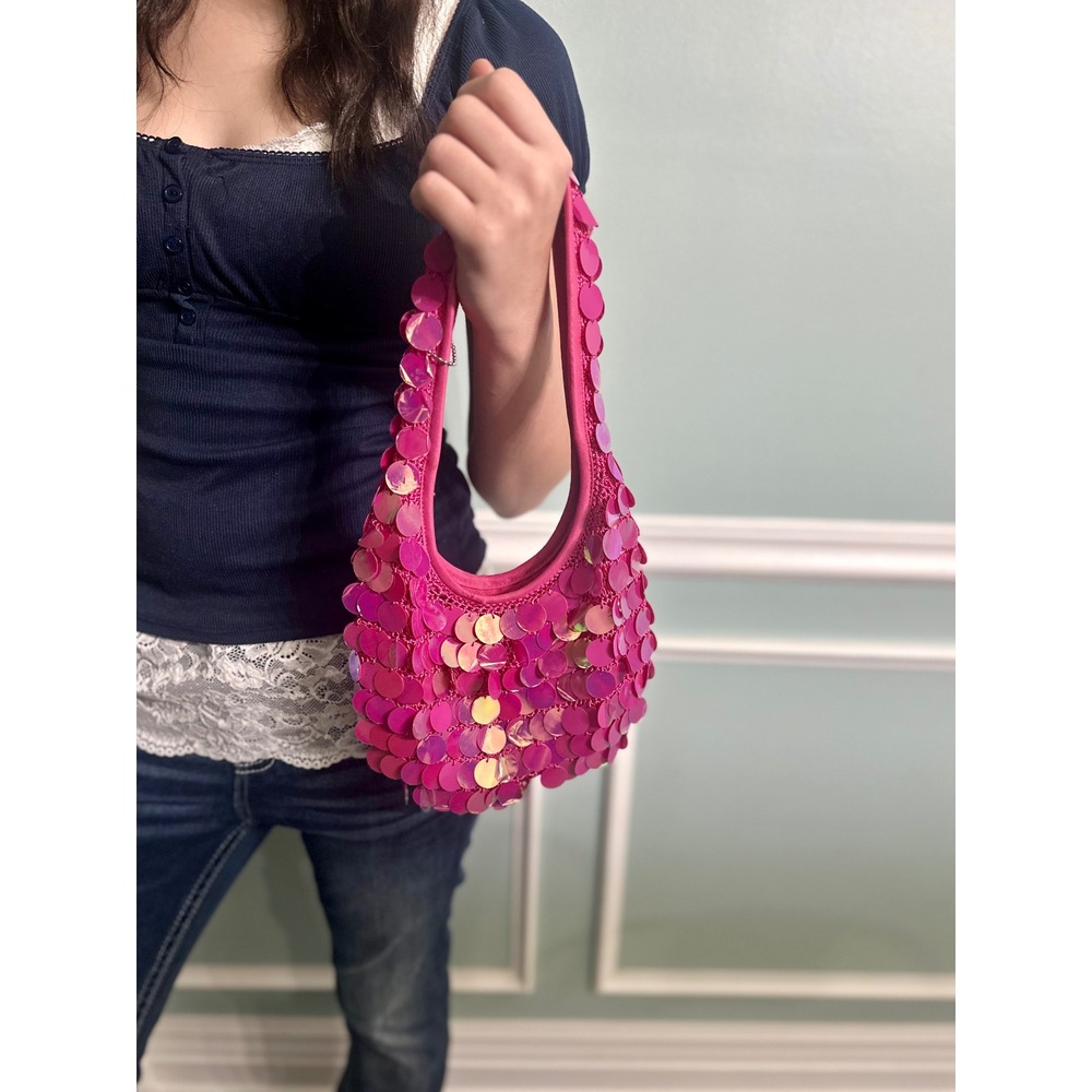 Posh Pink Iridescent Paillette Sequin Hobo Shoulder Bag Y2K Party Festival